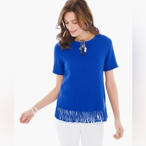 Chico's Royal Blue Short Sleeve Fringe Hem Knit Hema Pullover Sweater Top Sz 0 - Picture 1 of 12